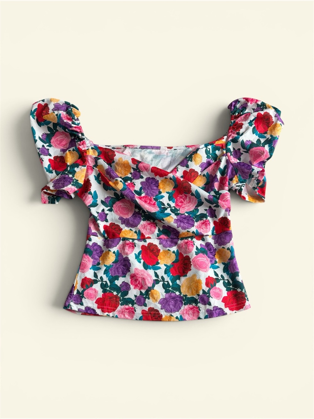 Floral Puff Sleeve Cropped Surplice Top Cottagecore Coquette Square Back Size S